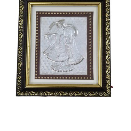 Radha Krishna, Ganapathi & Laxmi Embossed 999 Silver Photo Frame – Wooden Style Divine Love (5x5.5 inch)
