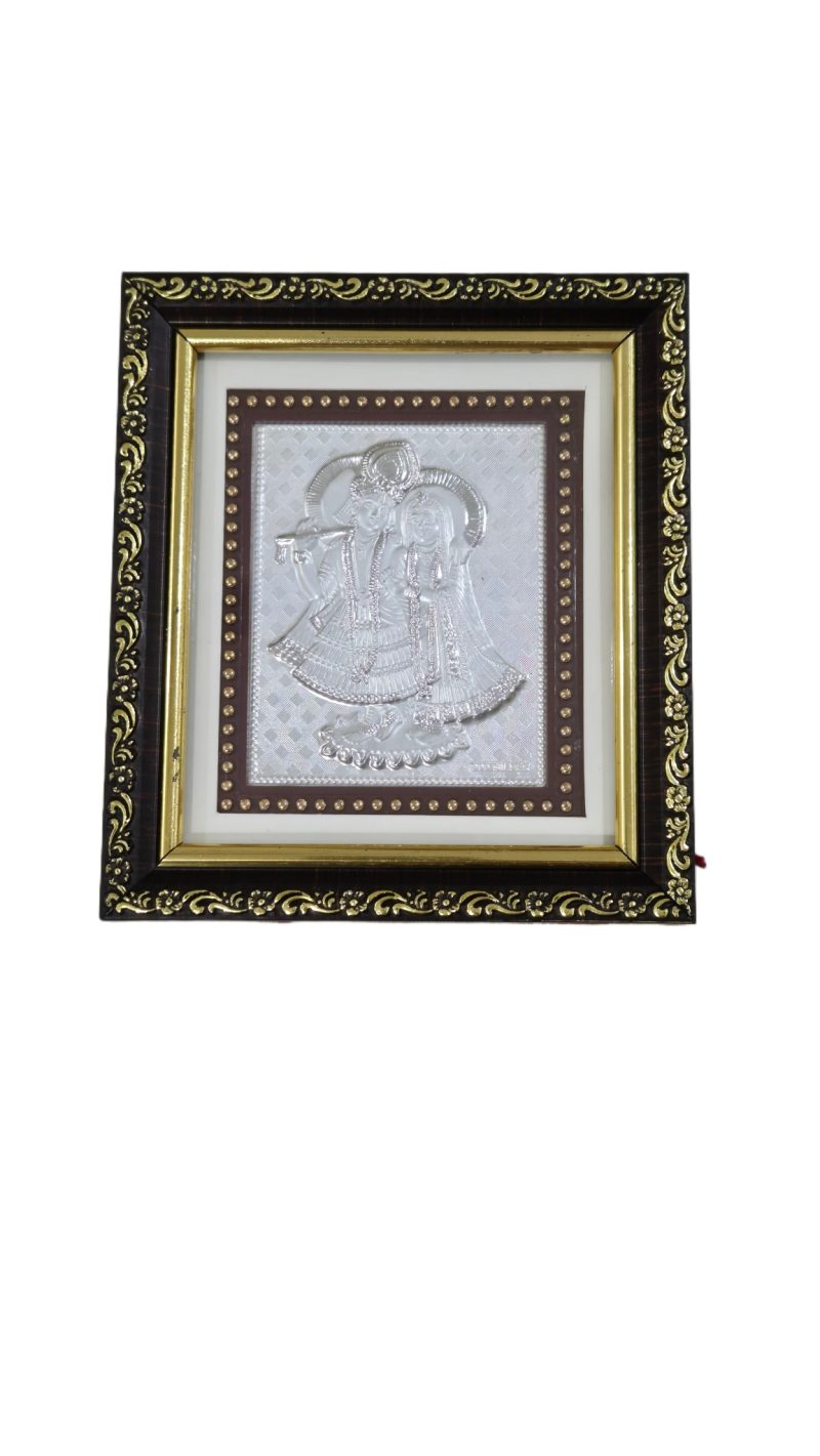 Radha Krishna, Ganapathi & Laxmi Embossed 999 Silver Photo Frame – Wooden Style Divine Love (5x5.5 inch)