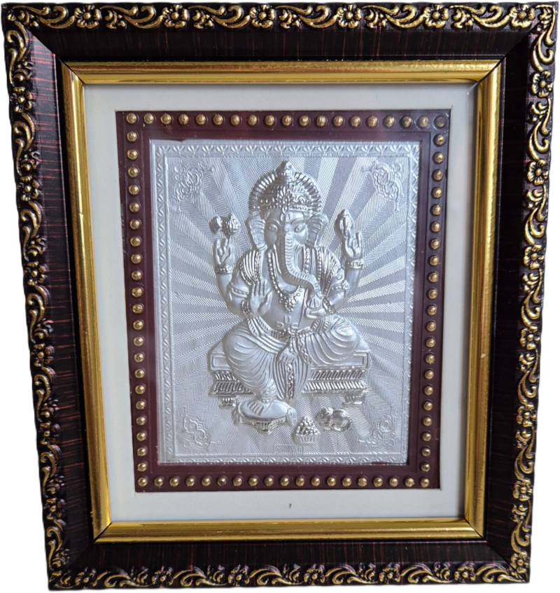 Radha Krishna, Ganapathi & Laxmi Embossed 999 Silver Photo Frame – Wooden Style Divine Love (5x5.5 inch) - Image 8