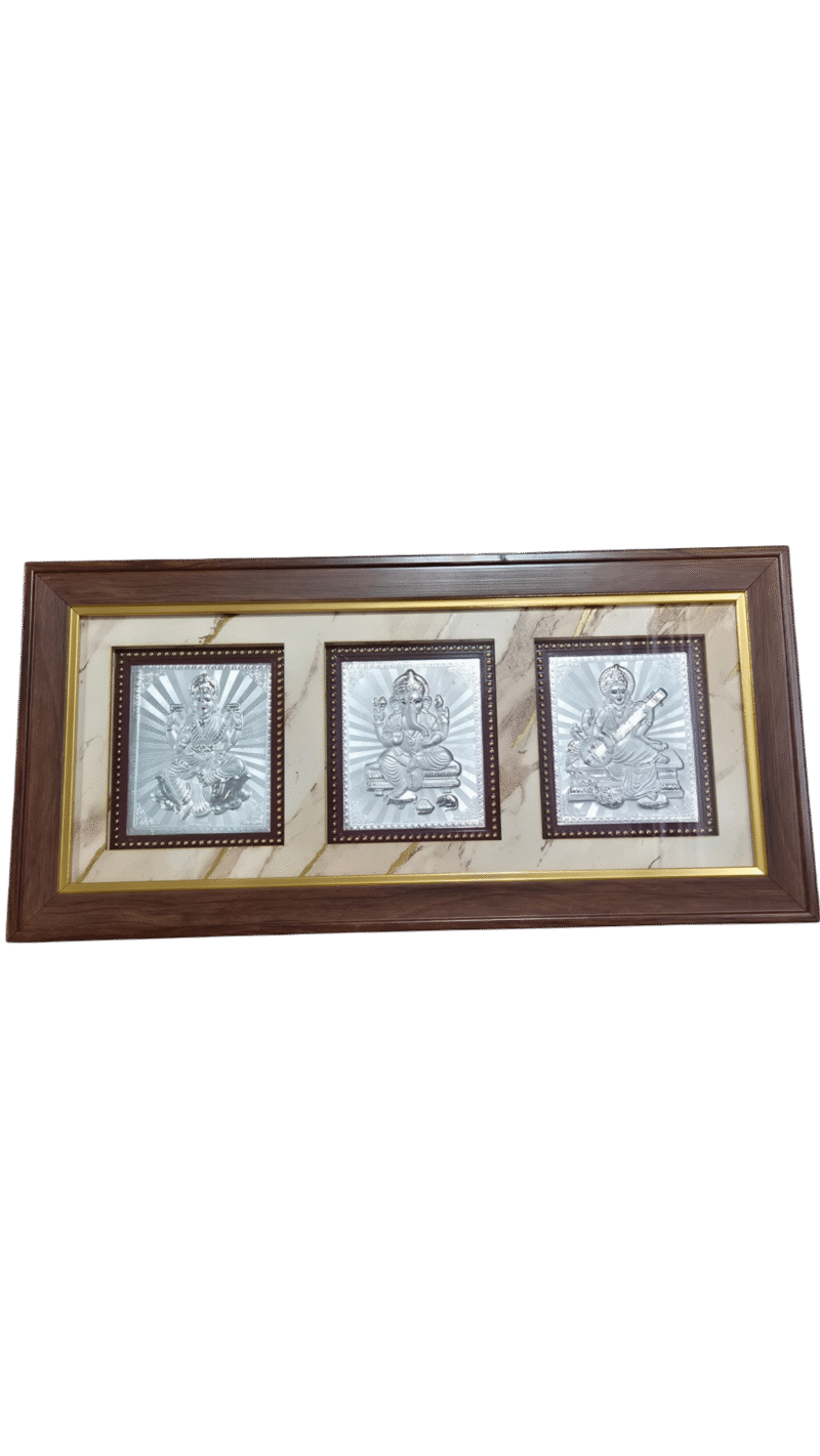 3-in-1,999 Silver Photo Frame – Lakshmi, Ganapati & Saraswati – 20.25 x 10 Inches – Wooden Frame, Gift Box & Free Shipping - Image 5
