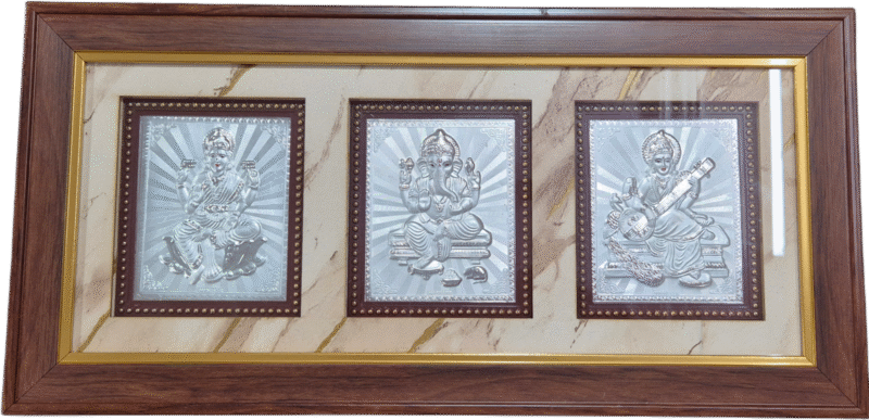 3-in-1,999 Silver Photo Frame – Lakshmi, Ganapati & Saraswati – 20.25 x 10 Inches – Wooden Frame, Gift Box & Free Shipping - Image 3