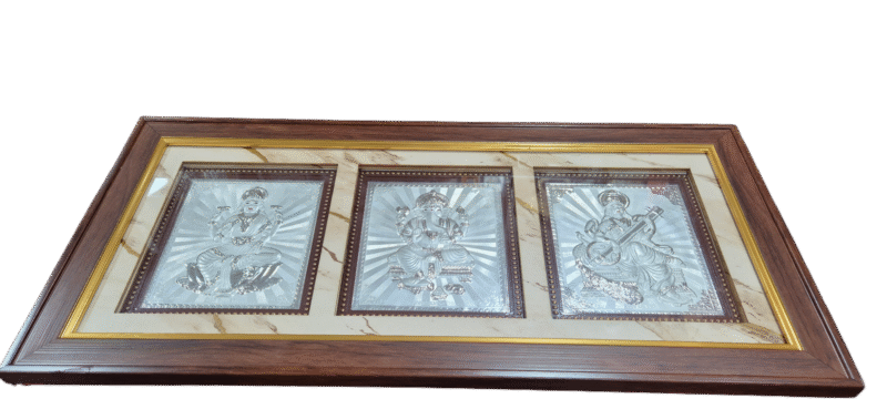 3-in-1,999 Silver Photo Frame – Lakshmi, Ganapati & Saraswati – 20.25 x 10 Inches – Wooden Frame, Gift Box & Free Shipping - Image 4