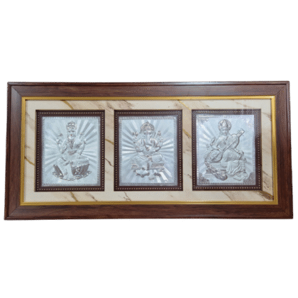 3-in-1,999 Silver Photo Frame – Lakshmi, Ganapati & Saraswati – 20.25 x 10 Inches – Wooden Frame, Gift Box & Free Shipping