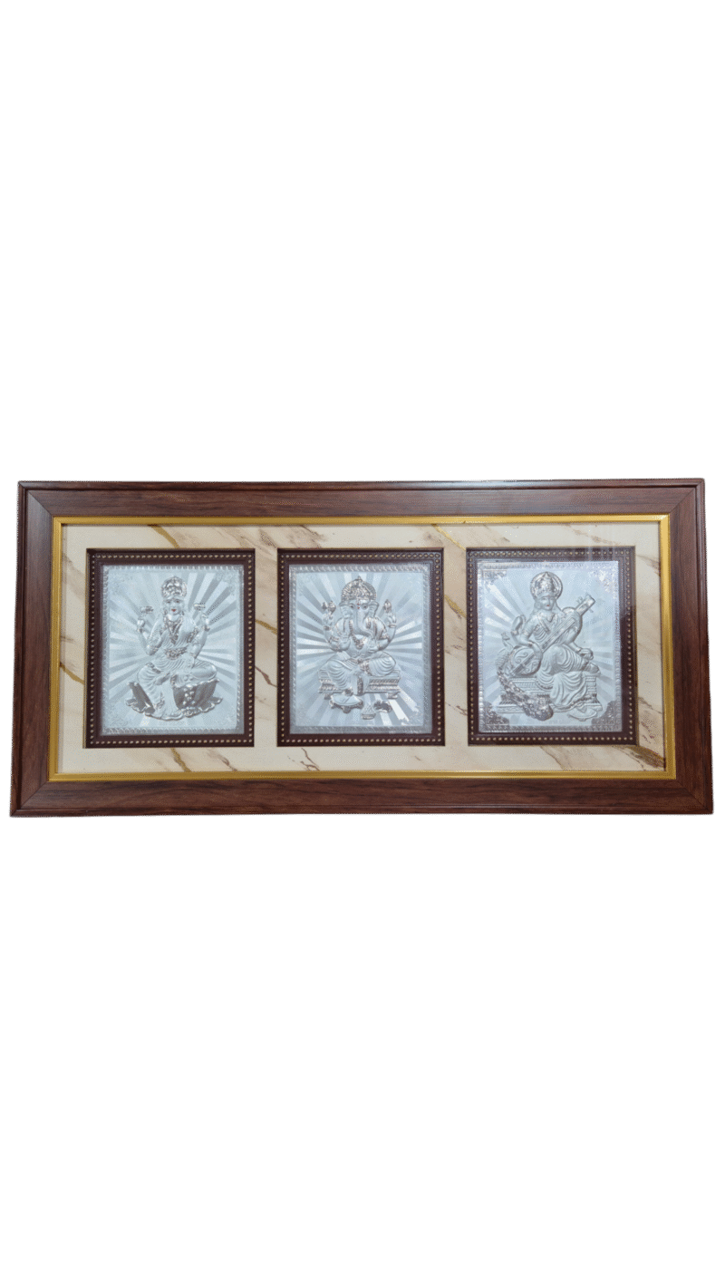 3-in-1,999 Silver Photo Frame – Lakshmi, Ganapati & Saraswati – 20.25 x 10 Inches – Wooden Frame, Gift Box & Free Shipping