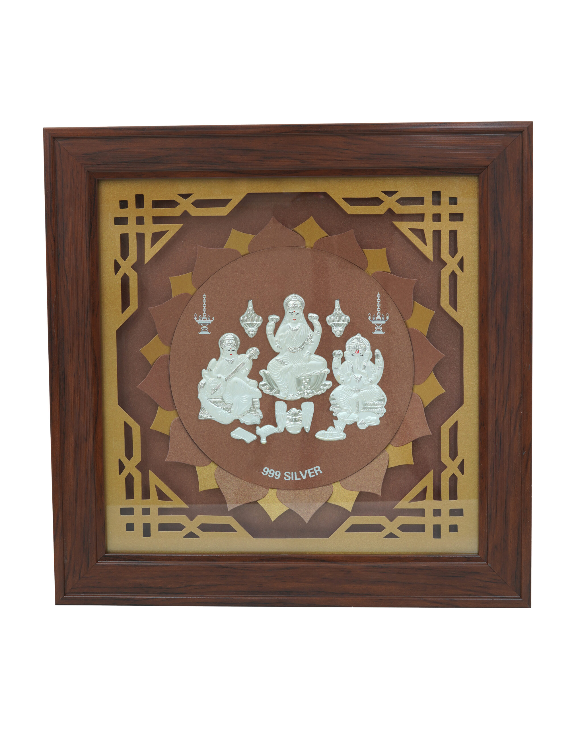 999 Silver Lakshmi Ganesha Saraswati Frame - Wooden Finish