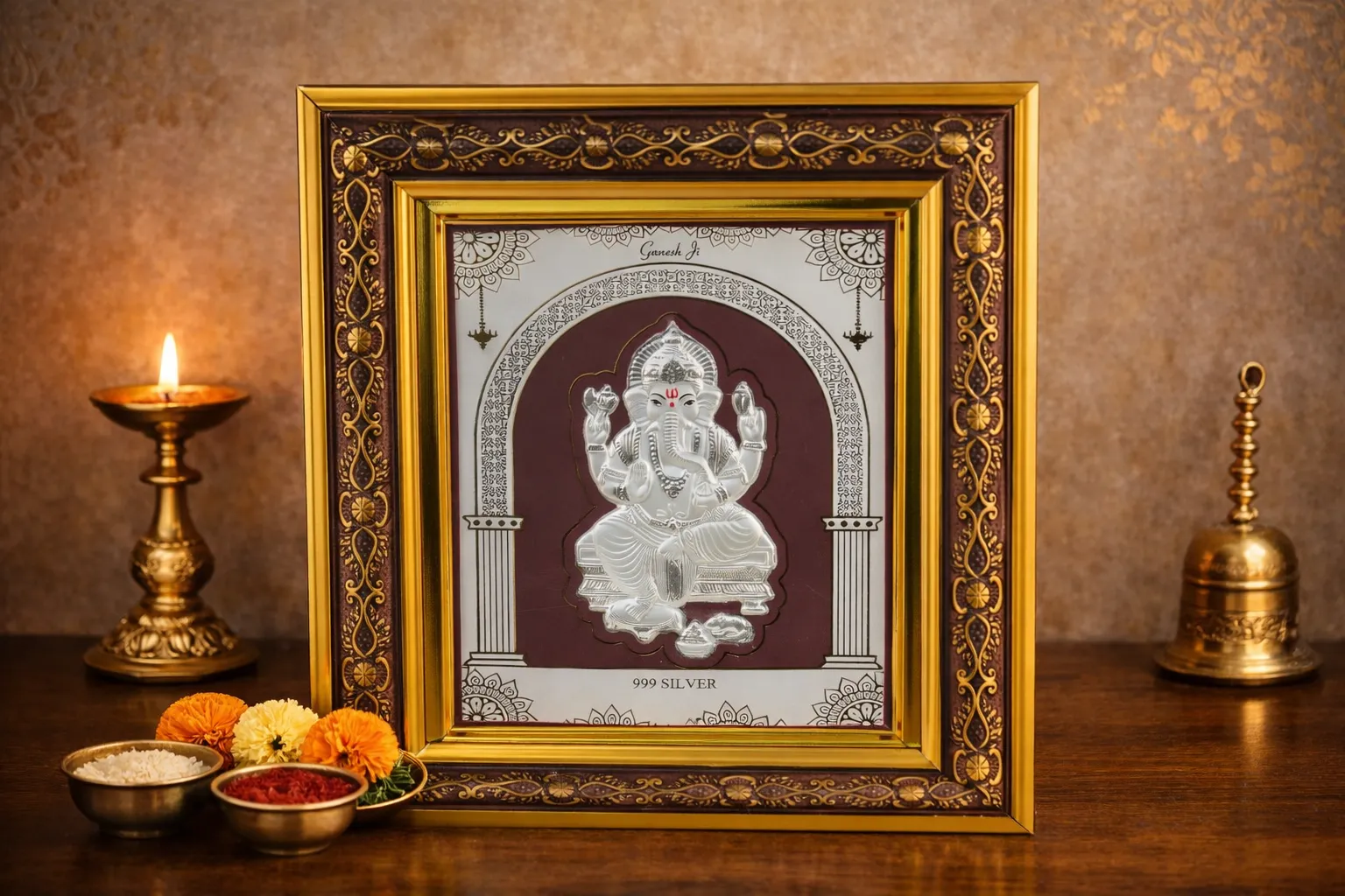 Ganesha silver frame with gold border
