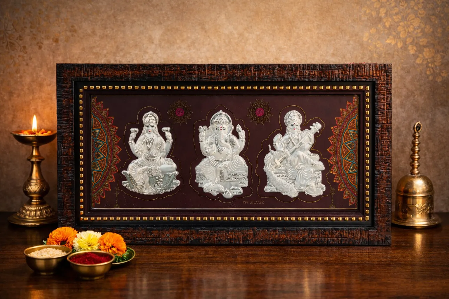 Lakshmi, Ganesha and Saraswati silver frame with brass lamps
