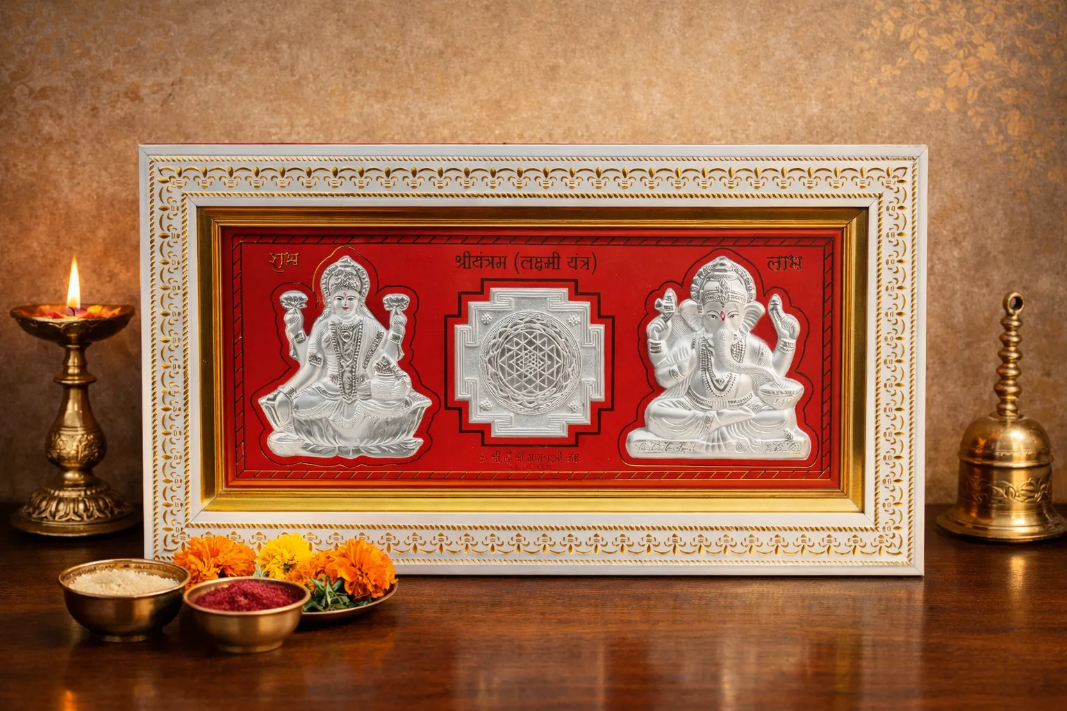 Lakshmi and Ganesha silver frame with Sri Yantra