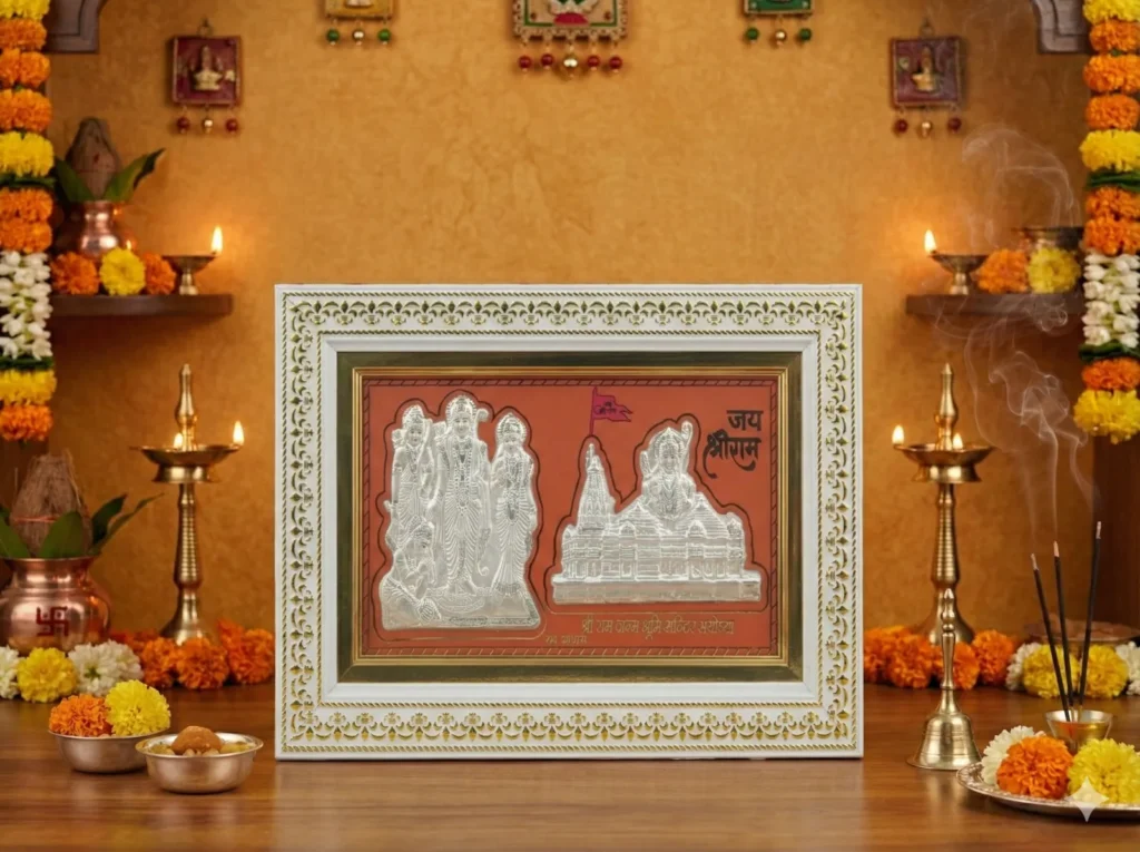 Shri Ram silver frame in a decorated pooja room